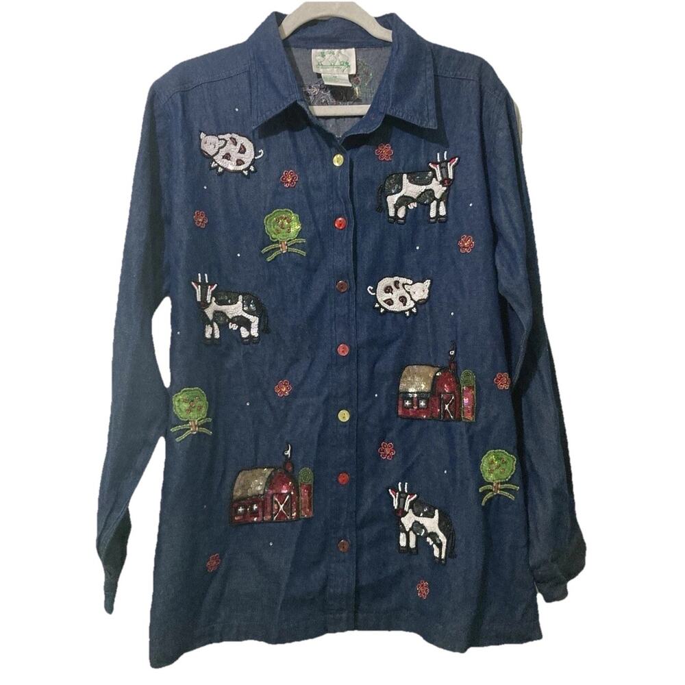 Quacker Factory Size Medium Farm Animals Button Up Shirt Beaded Sequin Chambray